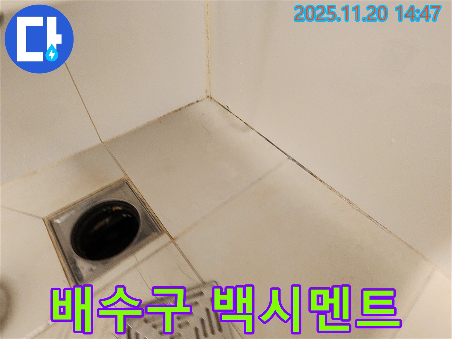 포천 마산리 욕실 배수구 주변 백시멘트 오염 - 배수구 주변 백시멘트가 오염되고 변색된 모습입니다.