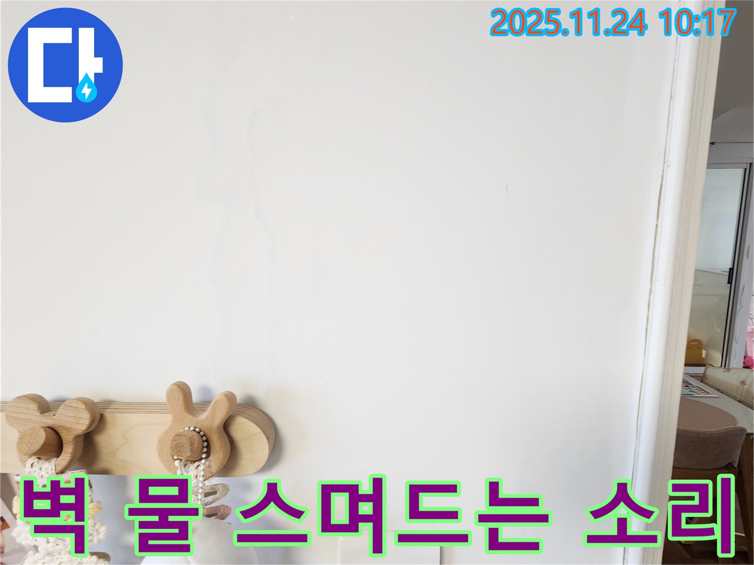 벽에서 물이 스며드는 소리가 나는 상황 - 금현리에서 누수탐지 전문 업체가 벽에서 물이 스며드는 소리가 나는 경우 누수 신호인지 확인하고 해결하는 과정을 보여줍니다.