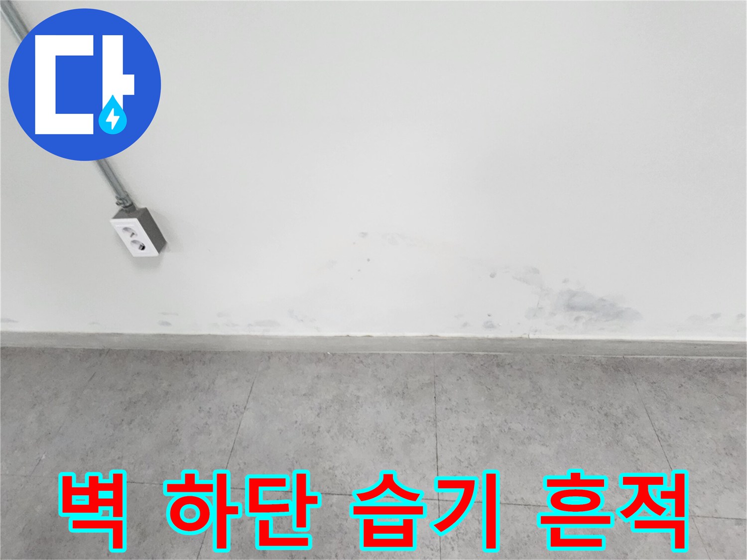 벽체 하단부에 나타난 젖은 얼룩과 변색된 부분 - 누수 탐지 현장
