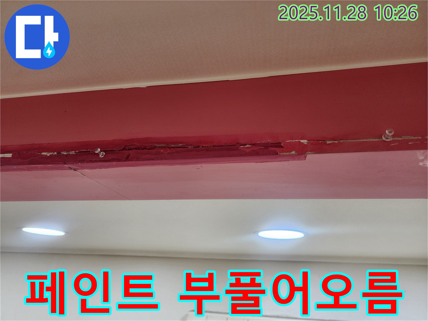 붉은색 천장 페인트 부풀어오름 - 누수로 인해 페인트가 습기를 머금고 부풀어 오른 모습입니다.