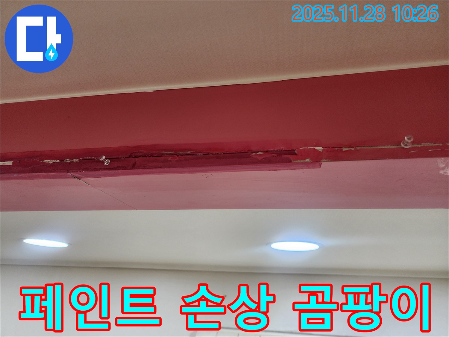 붉은색 천장 페인트 손상 곰팡이 - 누수로 인해 페인트가 심하게 손상되고 곰팡이가 넓게 퍼져 실내 환경을 엉망으로 만들고 있습니다.