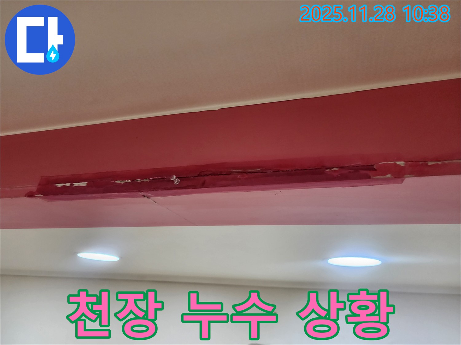 포천 신북면 금동리 건물 천장 누수 상황 - 젖은 천장과 물 자국