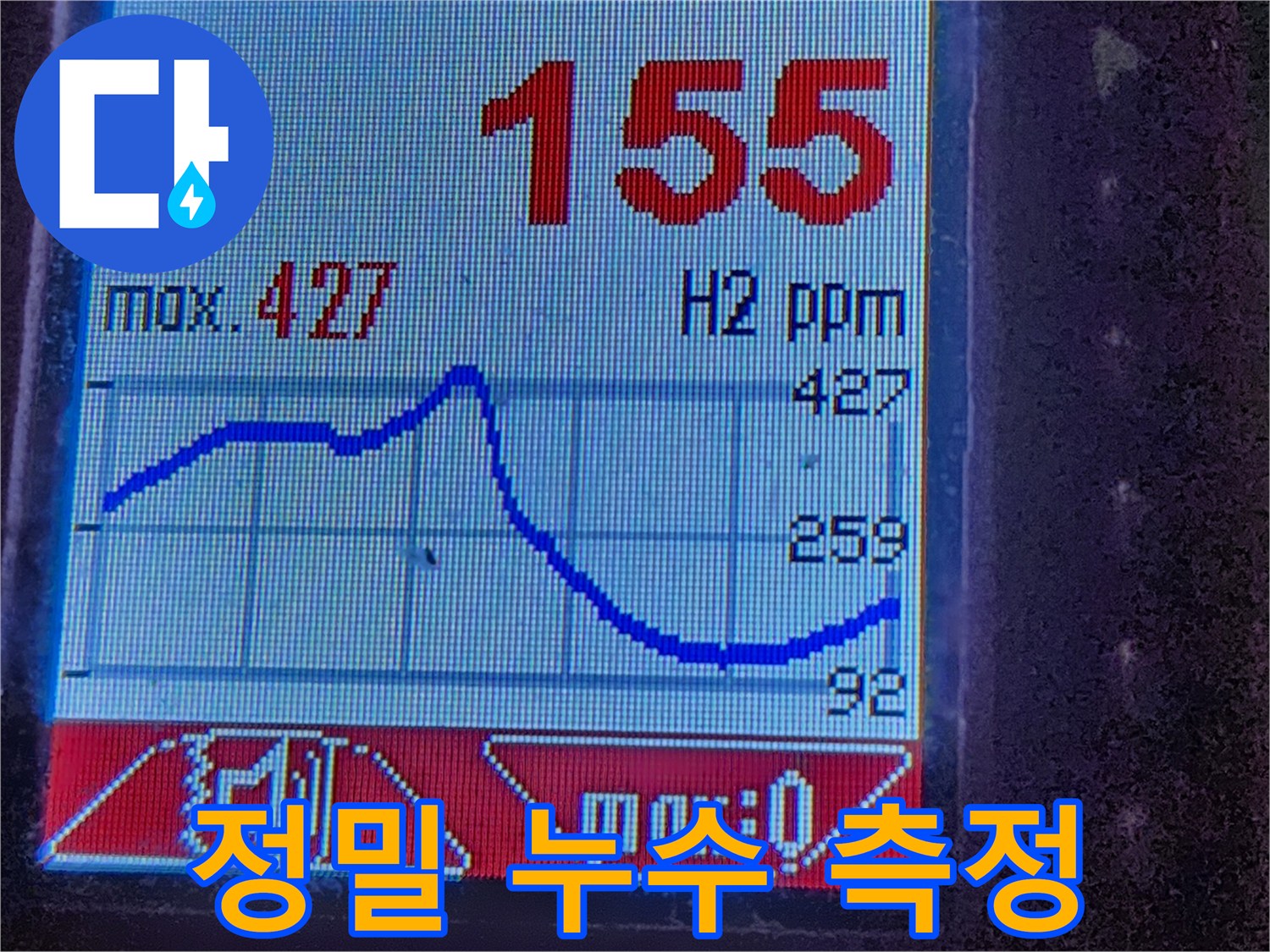 누수 위치를 찾기 위한 정밀 측정 과정 - 수소 가스 탐지기의 화면을 통해 누수량을 확인하고 있습니다.