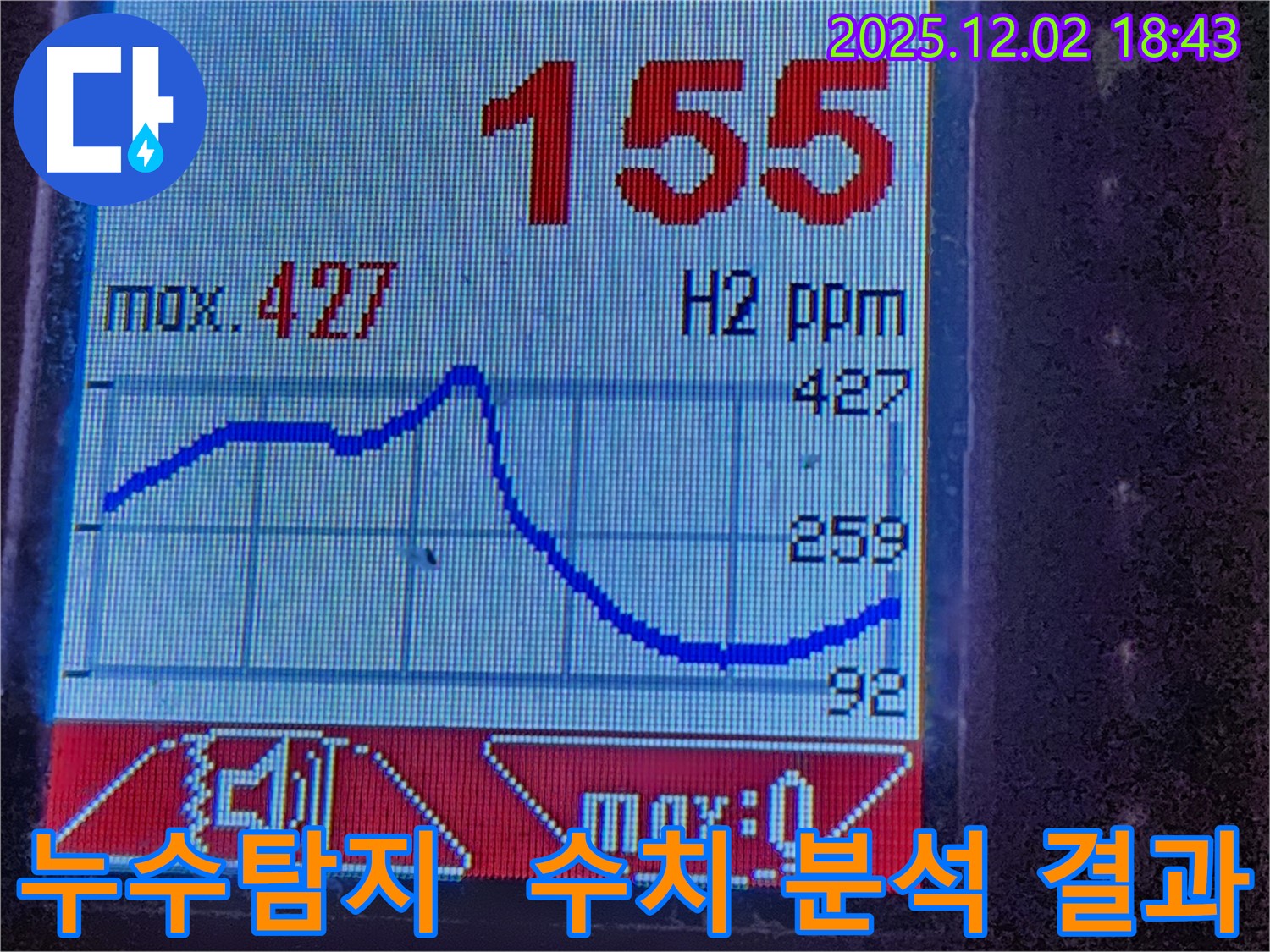 누수탐지 장비 - 수소 가스 농도 분석 결과 - 누수 지점 확인