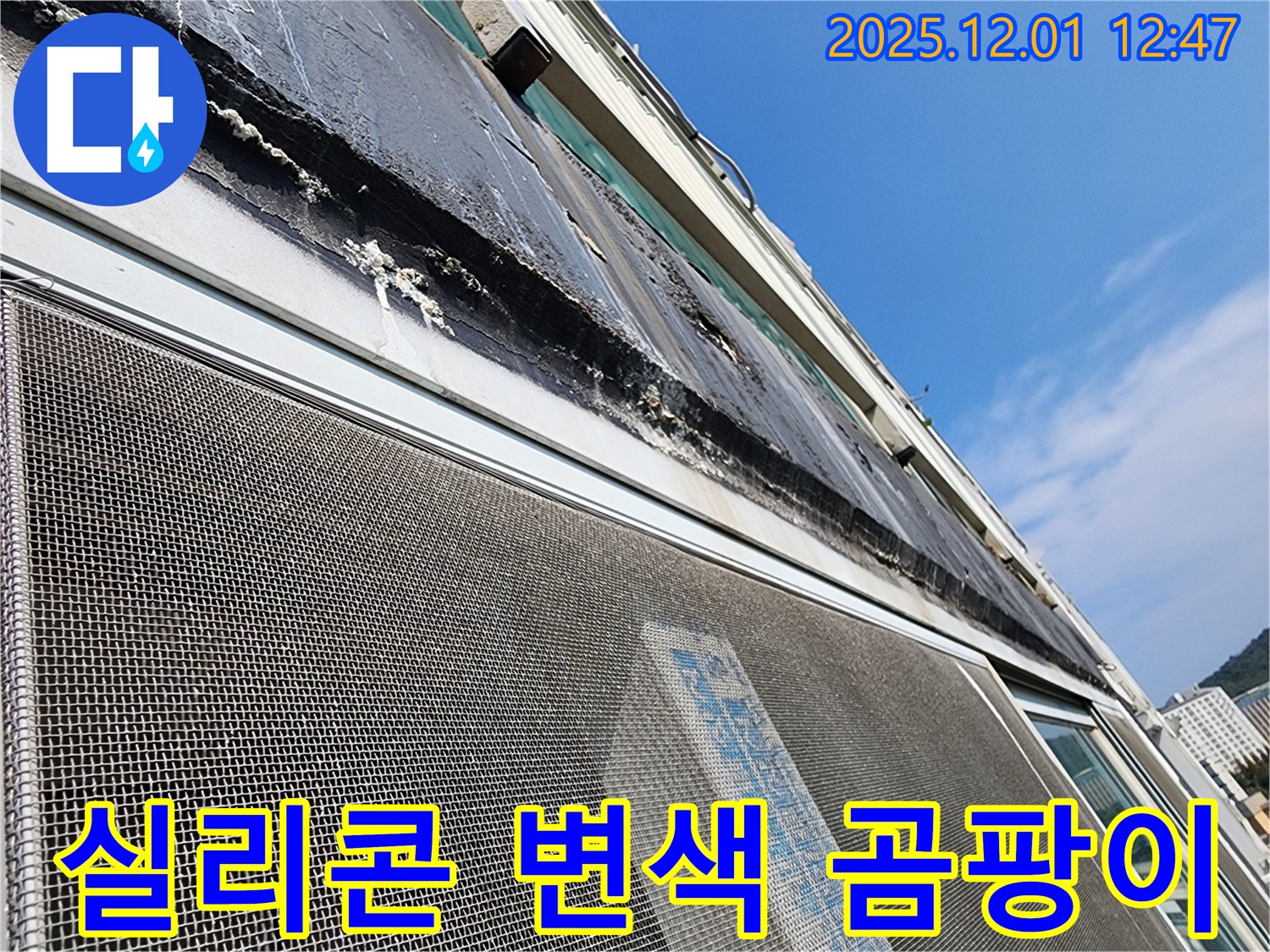 이동면 도평리 누수 - 창틀 실리콘의 변색과 곰팡이 발생으로 인한 누수 위험을 경고합니다.