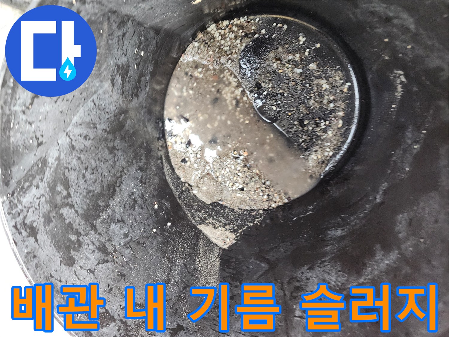 식당 배관 내부에서 수거된 검은색 기름 슬러지와 이물질 상태