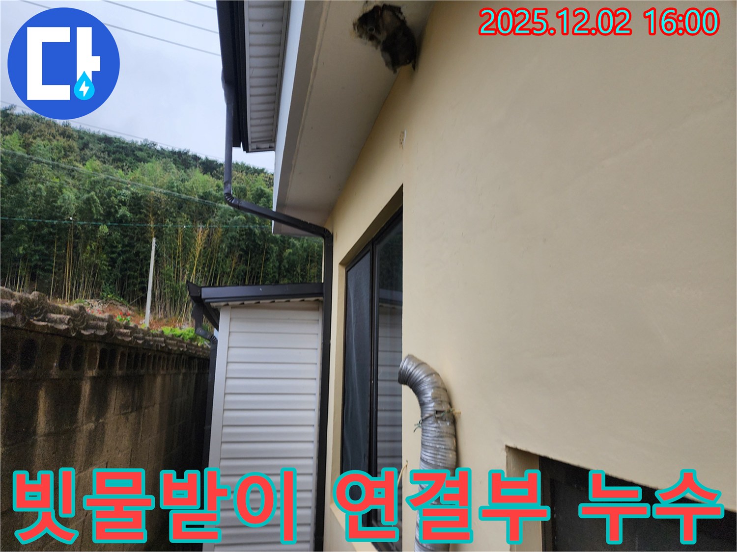 포천시 일동면 주택 빗물받이 연결부 손상 및 배수 불량으로 외벽 누수 발생 - 연결부 보수 및 배수 개선 작업 예정