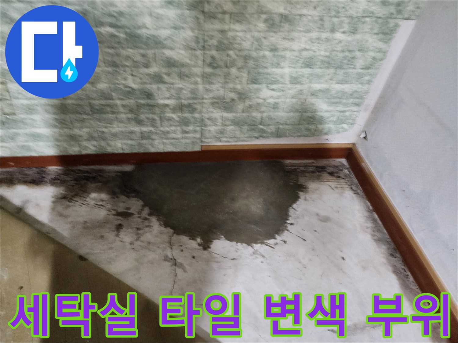 물기가 스며들어 어둡게 변한 세탁실 바닥 타일의 모습
