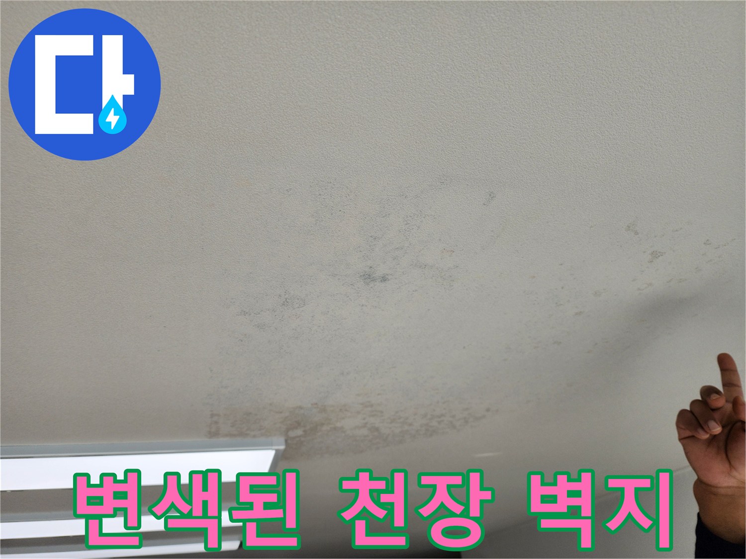 습기로 인해 변색되고 곰팡이가 피어오른 천장 벽지