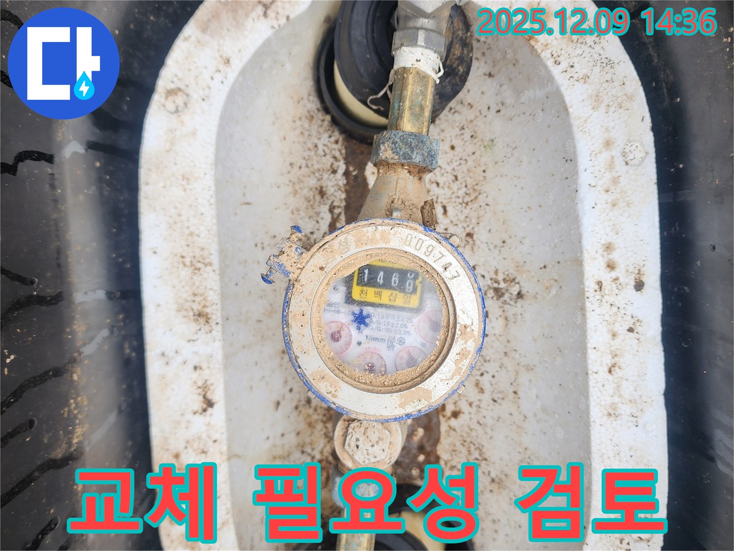 금주리 누수탐지 - 흙먼지 속에 파묻힌 낡은 수도 계량기의 교체 필요성을 신중하게 검토합니다.