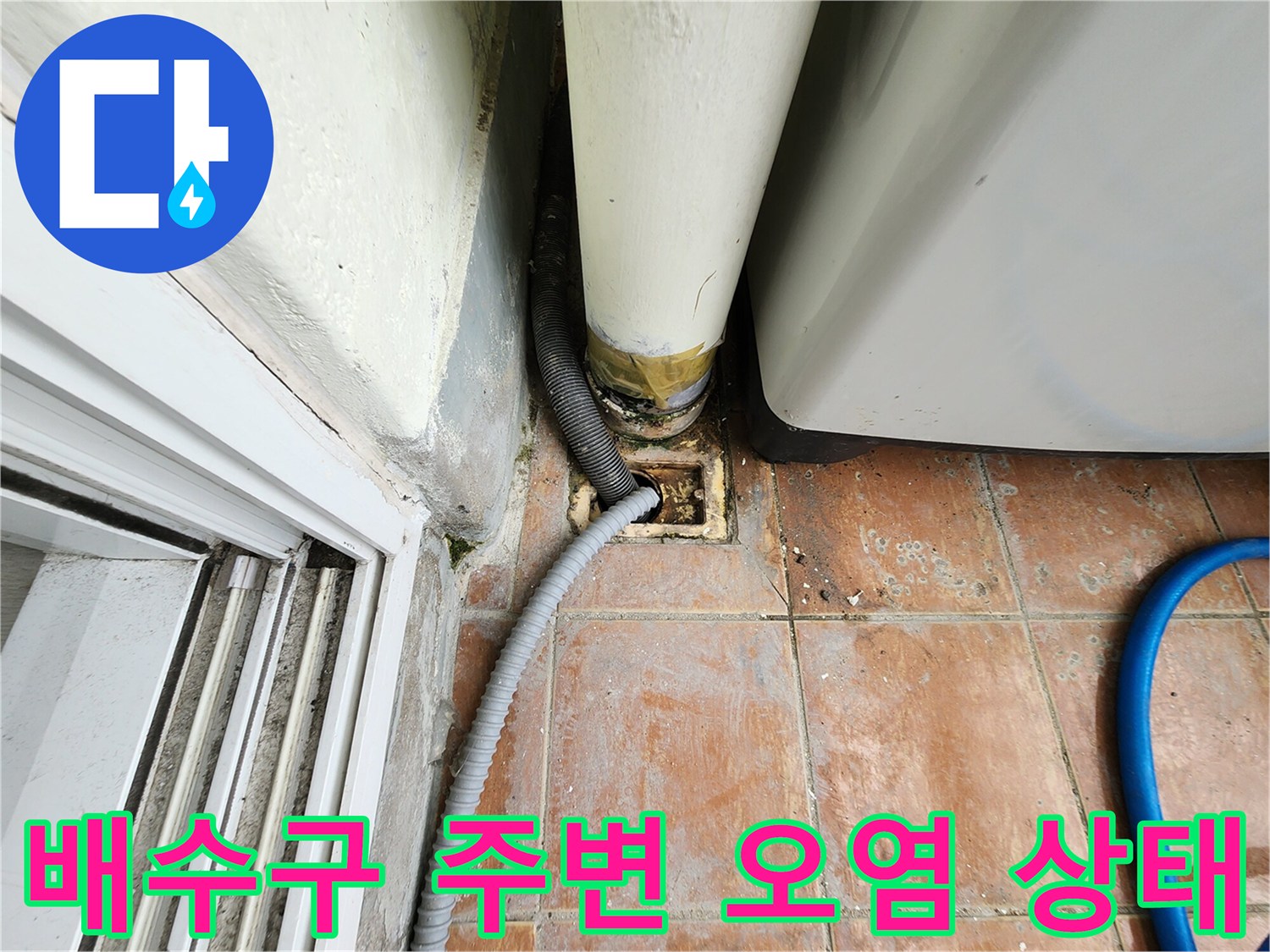 세탁기 배수 호스와 연결된 싱크대 하부 배수구의 오염된 바닥 타일 상황