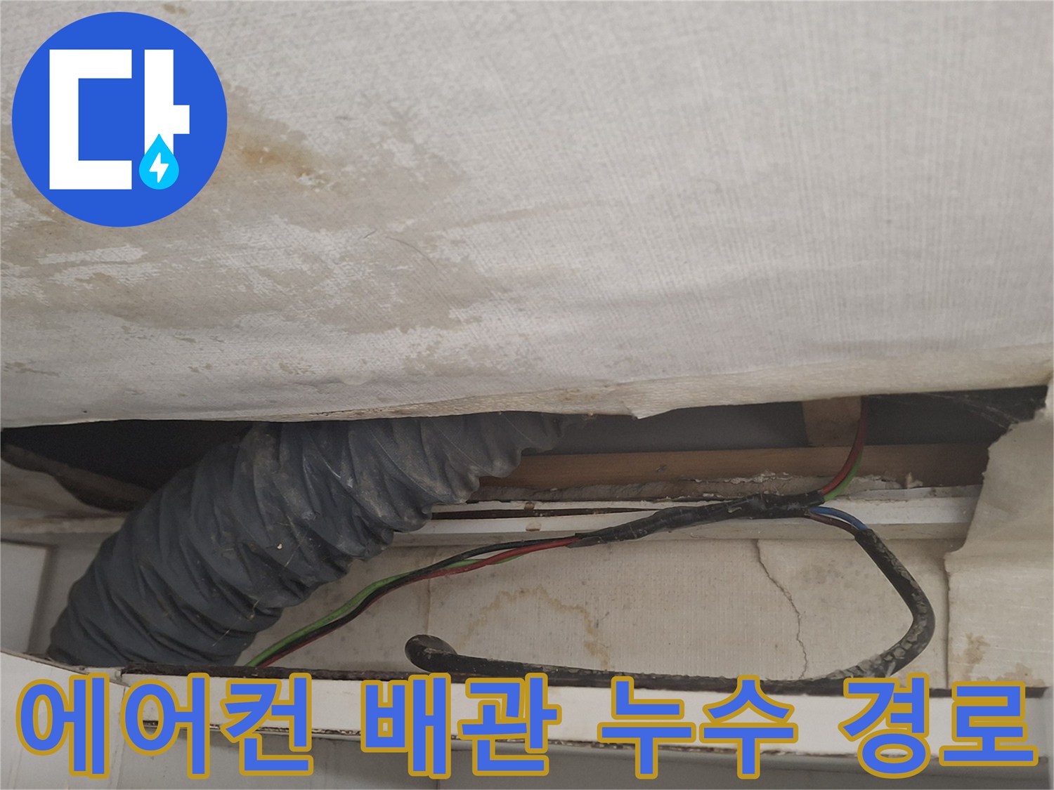 에어컨 드레인 호스와 전기선 주변의 젖은 천장 마감재