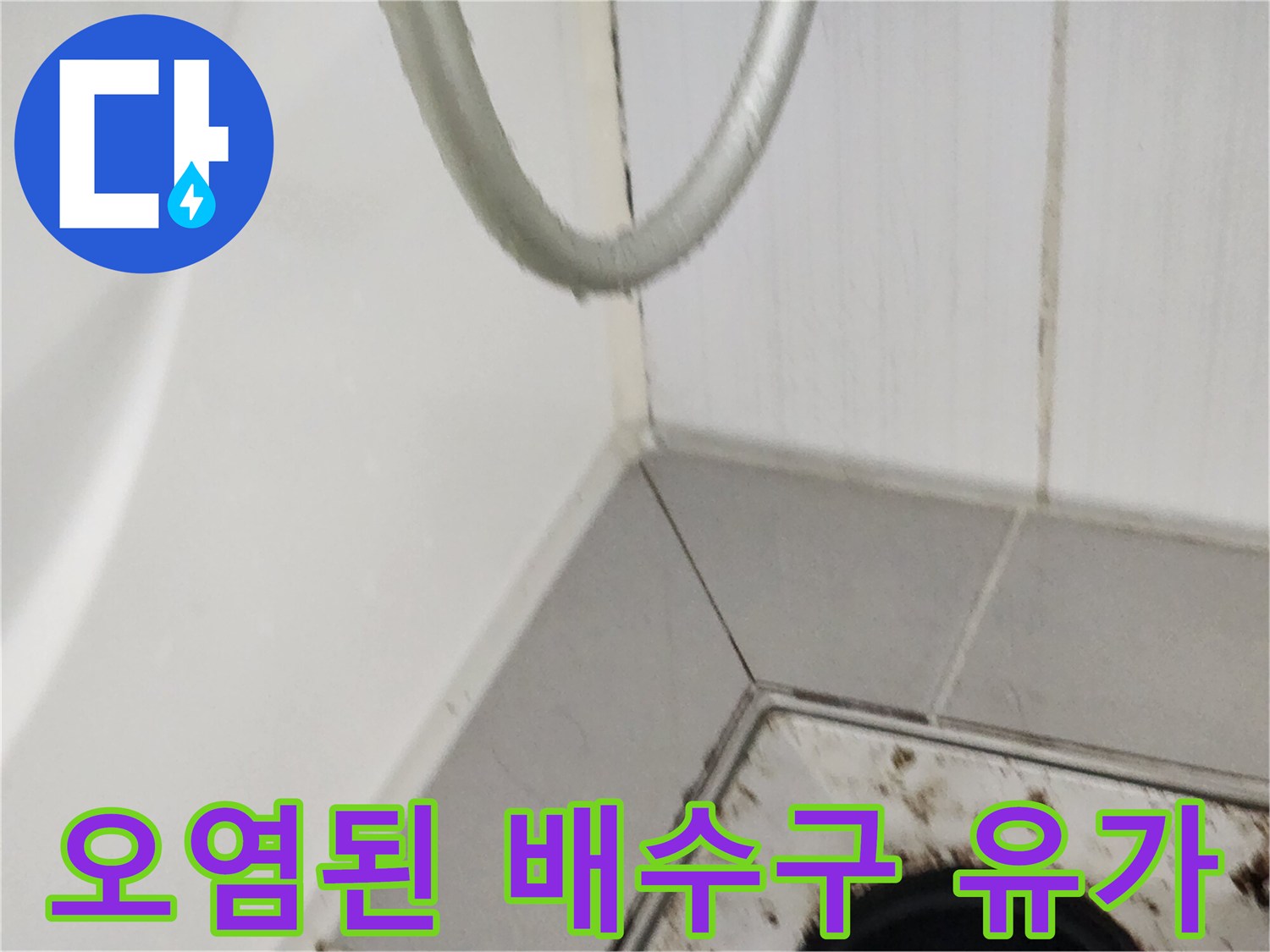 배수구 주변 타일 틈새에 스며든 물로 인한 오염 상태