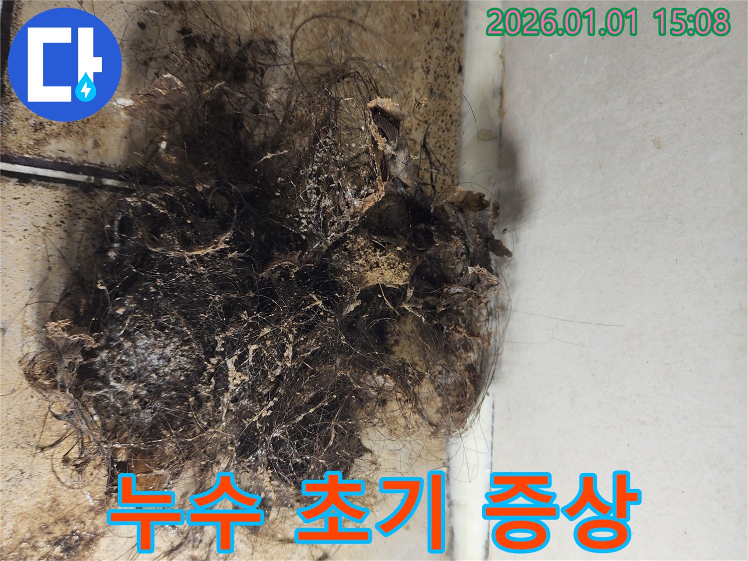 누수 초기 증상 - 배수구 주변에 물이 고여있는 누수 초기 증상