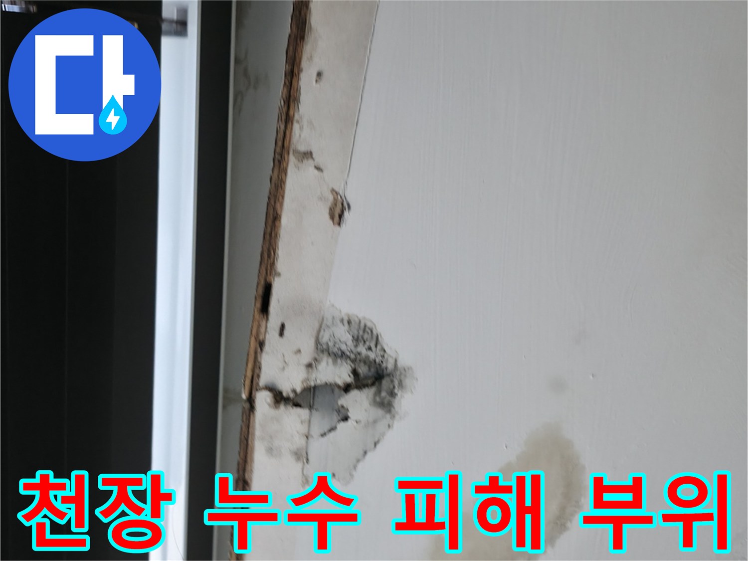 사무실 천장-물샘으로 인해 젖고 변색된 마감재