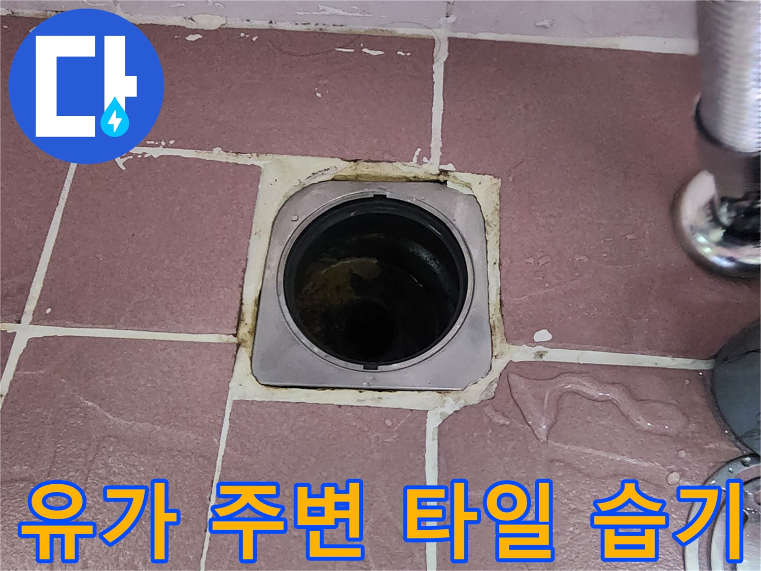 욕실 배수구 유가 틈새로 물이 스며든 흔적과 타일 사이의 습기를 나타냅니다.