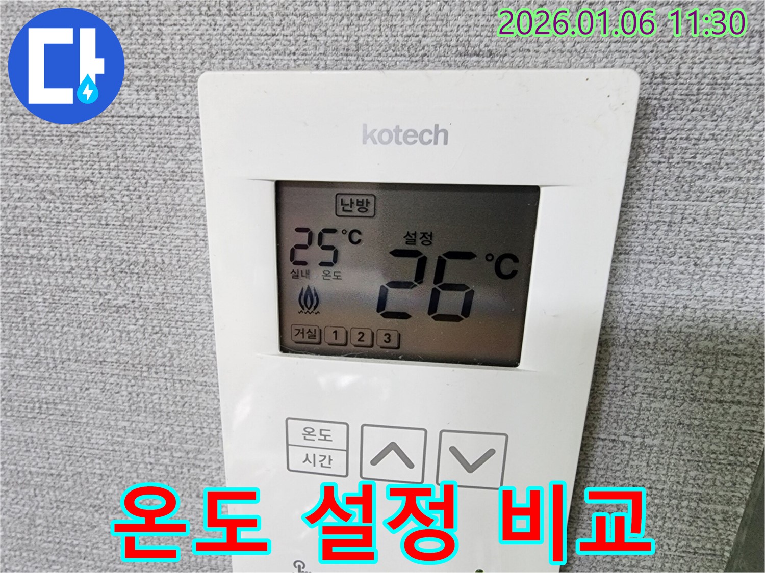 중계1동 누수 현장에서 코텍 난방 온도 조절기의 설정 온도를 25도와 26도로 비교하며 최적의 온도를 찾고 있습니다.