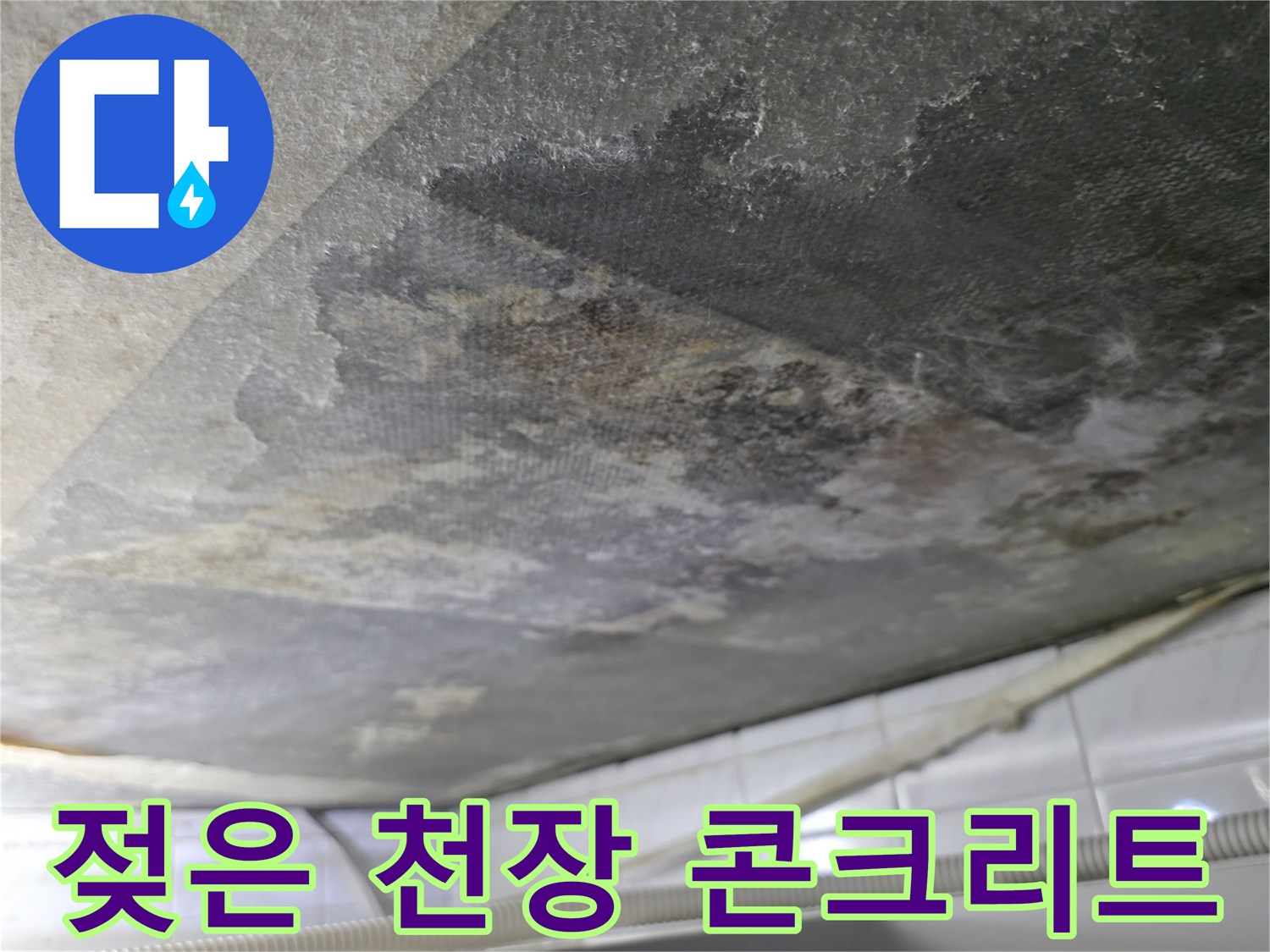 물샘 현상이 진행 중인-화장실 천장 슬래브의 곰팡이와 오염된 모습
