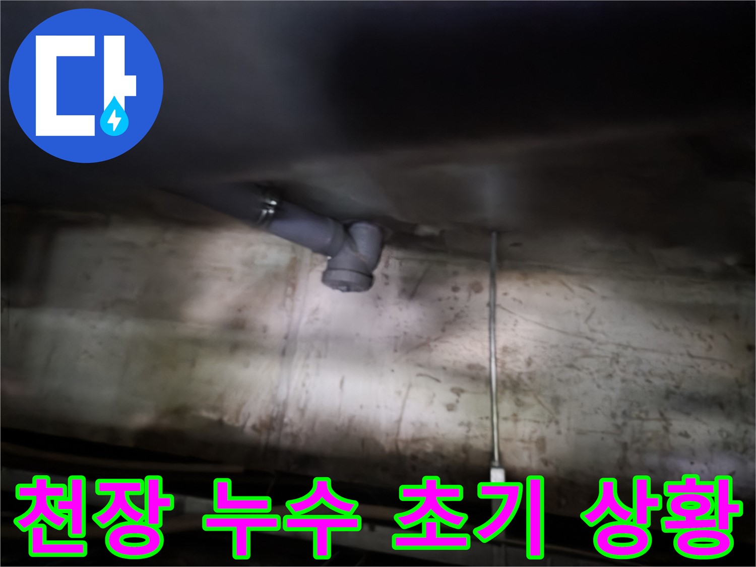 양천구 목동에서 발생한 천장 누수 초기 상황 - 아랫집 천장에 물이 고여 있는 모습