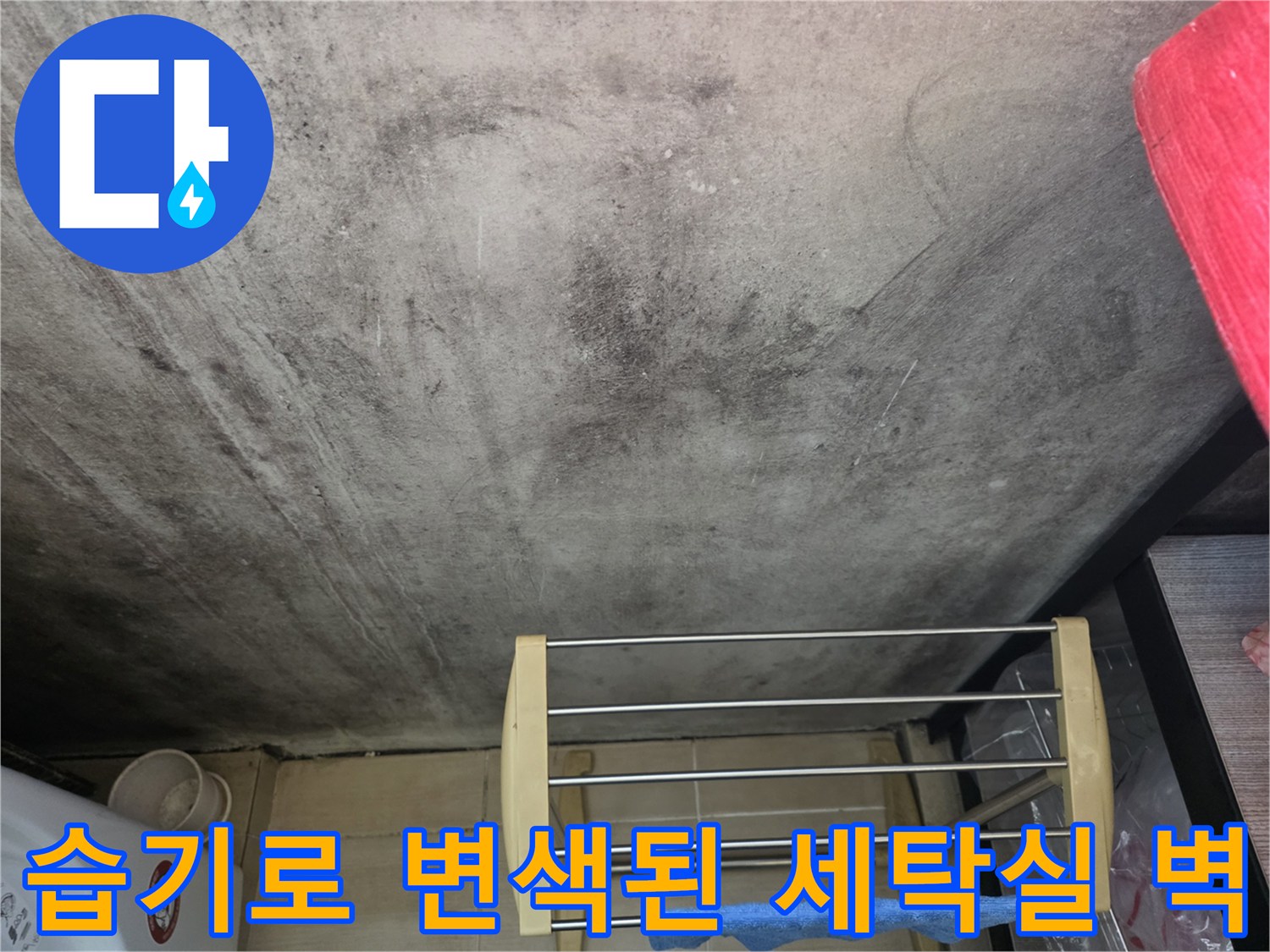 배관 결함으로 인해 습기가 스며들어 얼룩진 세탁실 벽면 모습