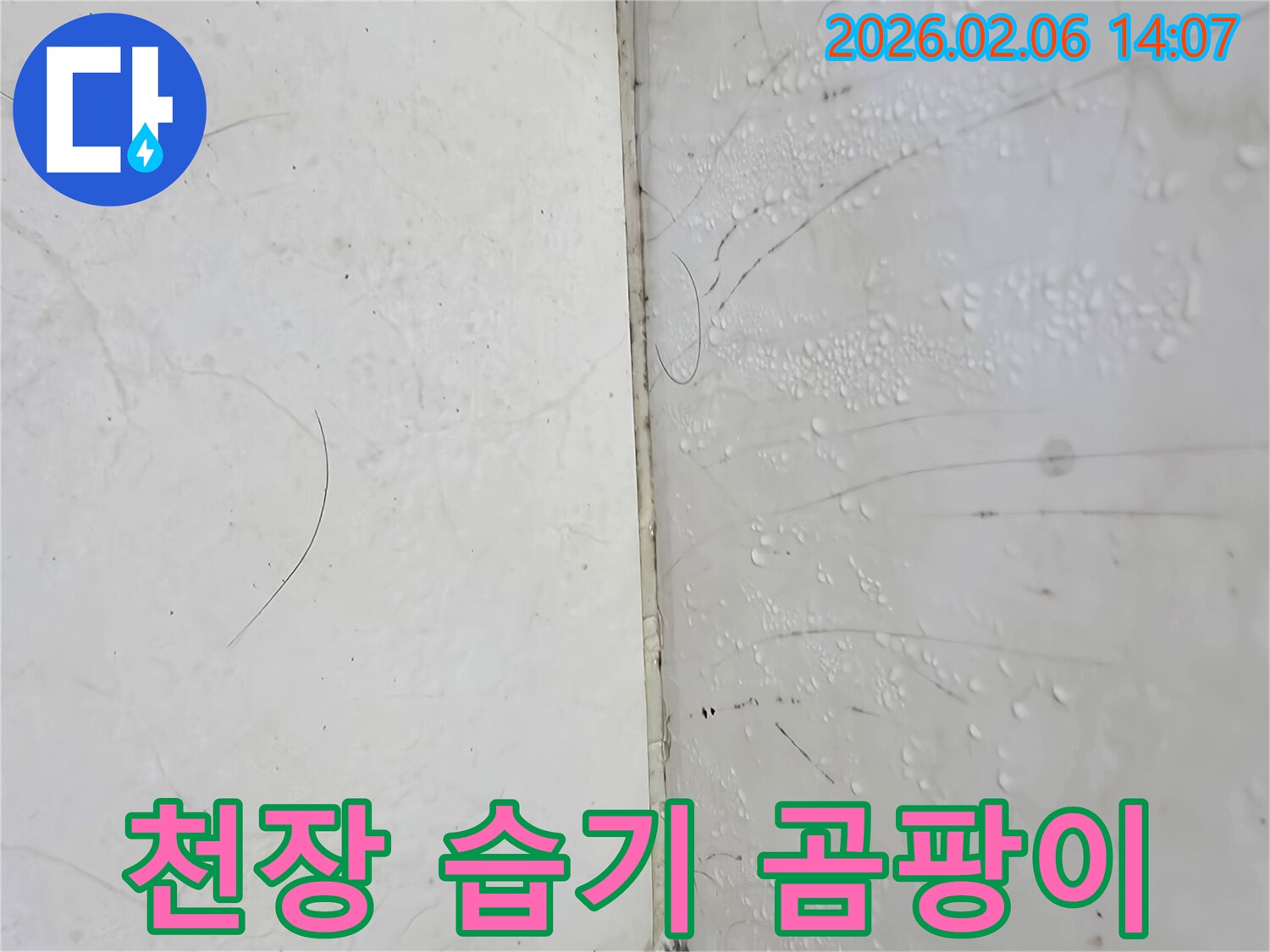 천장 타일과 벽면이 만나는 지점에-물기가 스며들어 습하고 곰팡이가 생길 수 있는 상태를 보여주는 사진