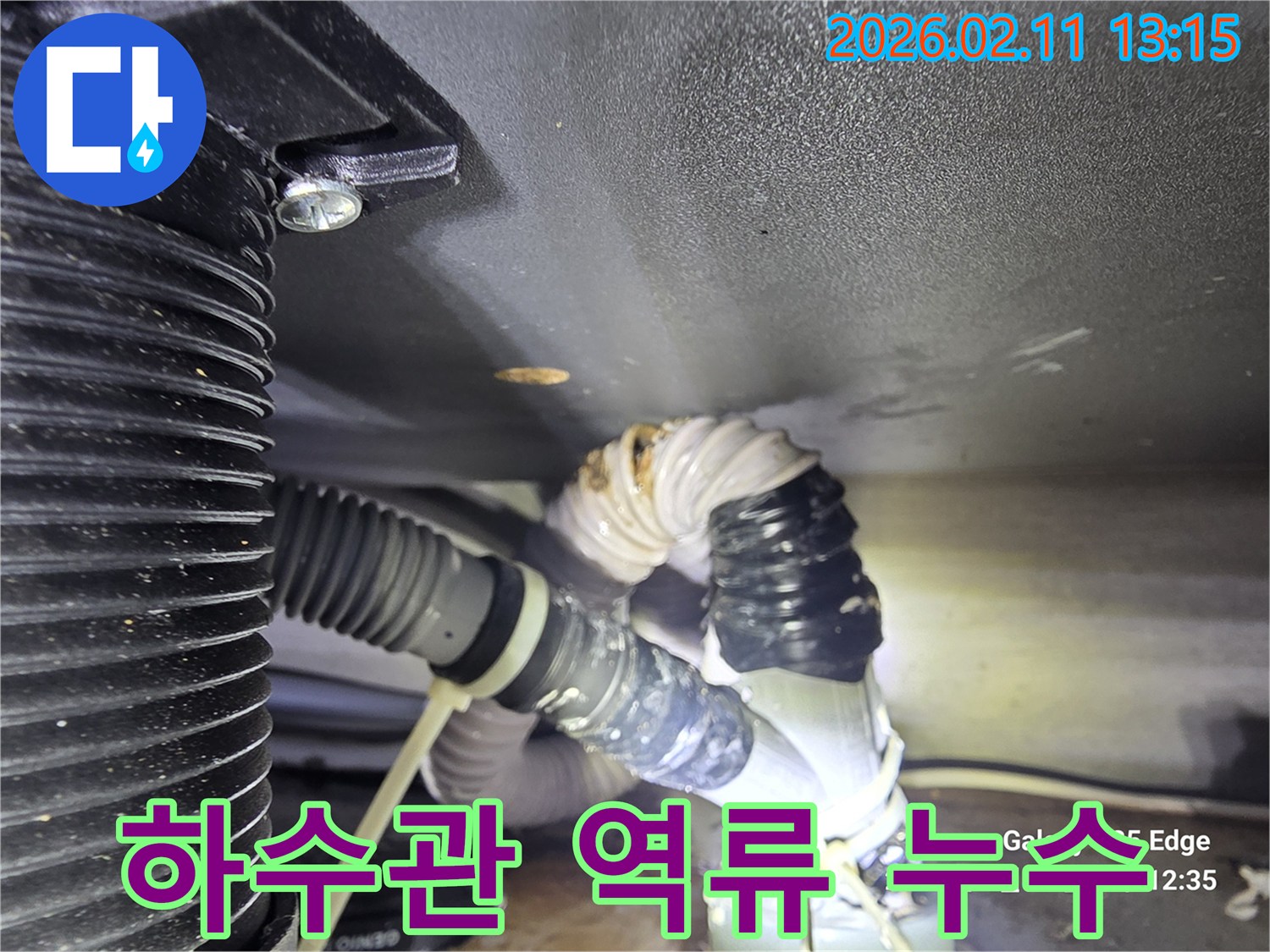 싱크대 하수관에서 물이 역류하며 누수가 발생한 현장을 보여주는 사진입니다-배관 주변이 물기로 젖어 있습니다