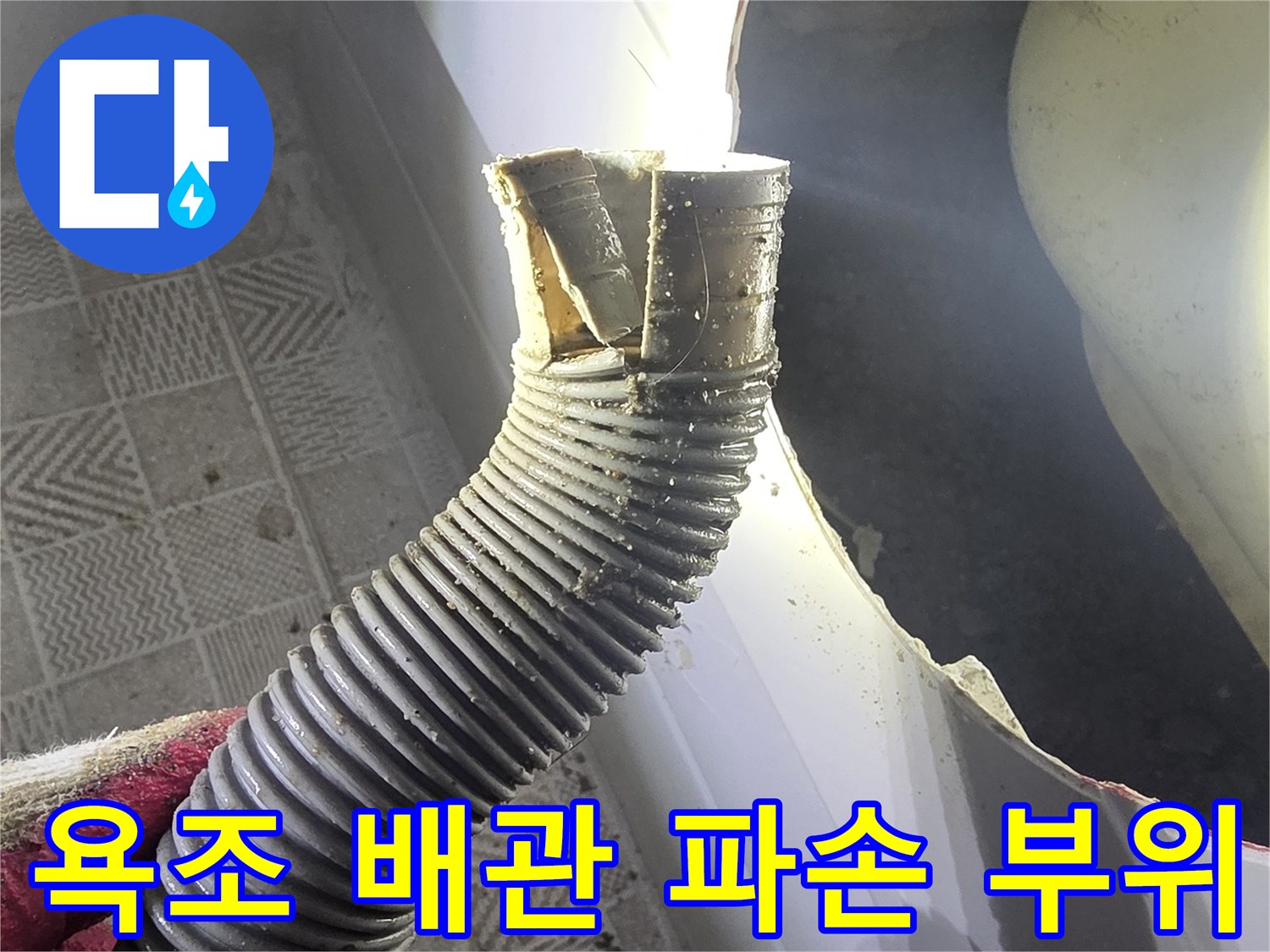 욕조 점검구 내부-찢어진 자바라 배수 호스