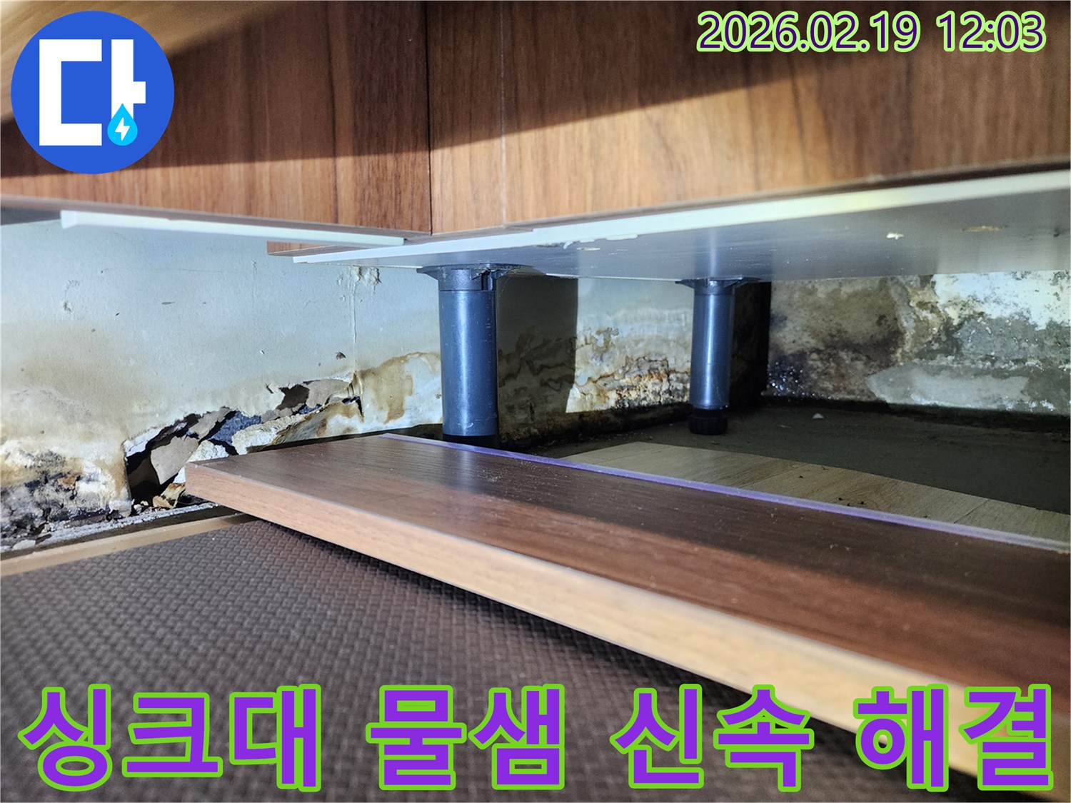 싱크대 하부 벽면의 심각한 누수 흔적-벽지 손상과 곰팡이가 광범위하게 퍼진 상태를 전문가가 진단