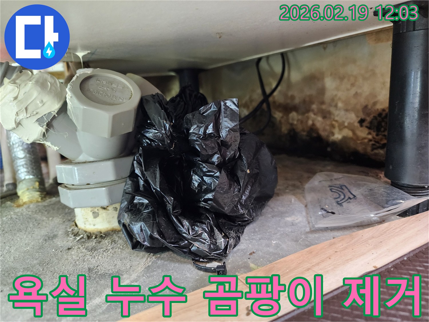 이 이미지는 욕실 하부의 배관 주변에서 발생한 누수 흔적과-심각한 곰팡이 오염을 자세히 보여줍니다.