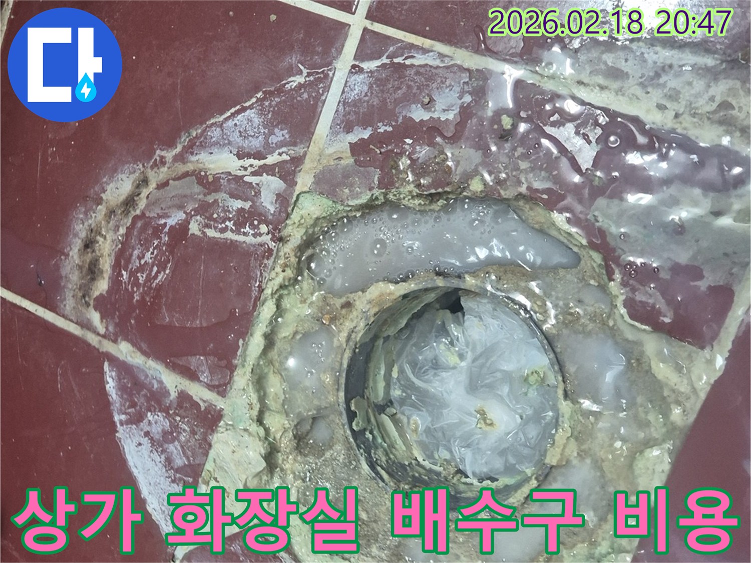 상가 화장실 바닥 배수구에서-오염된 물이 역류하여-주변을 더럽힌-누수 점검 비용 상담 현장 사진