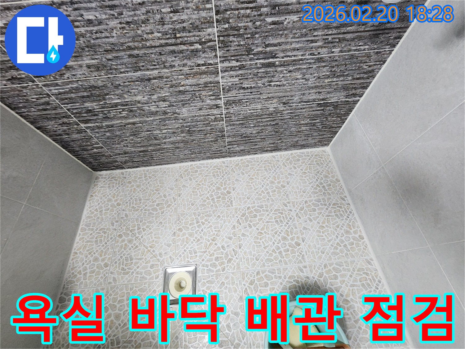 이문동 욕실의 바닥 타일과 배수구를 촬영한 이미지입니다-바닥 아래 배관 누수 가능성을 염두에 두고-표면 상태를 면밀히 관찰하고 있습니다.