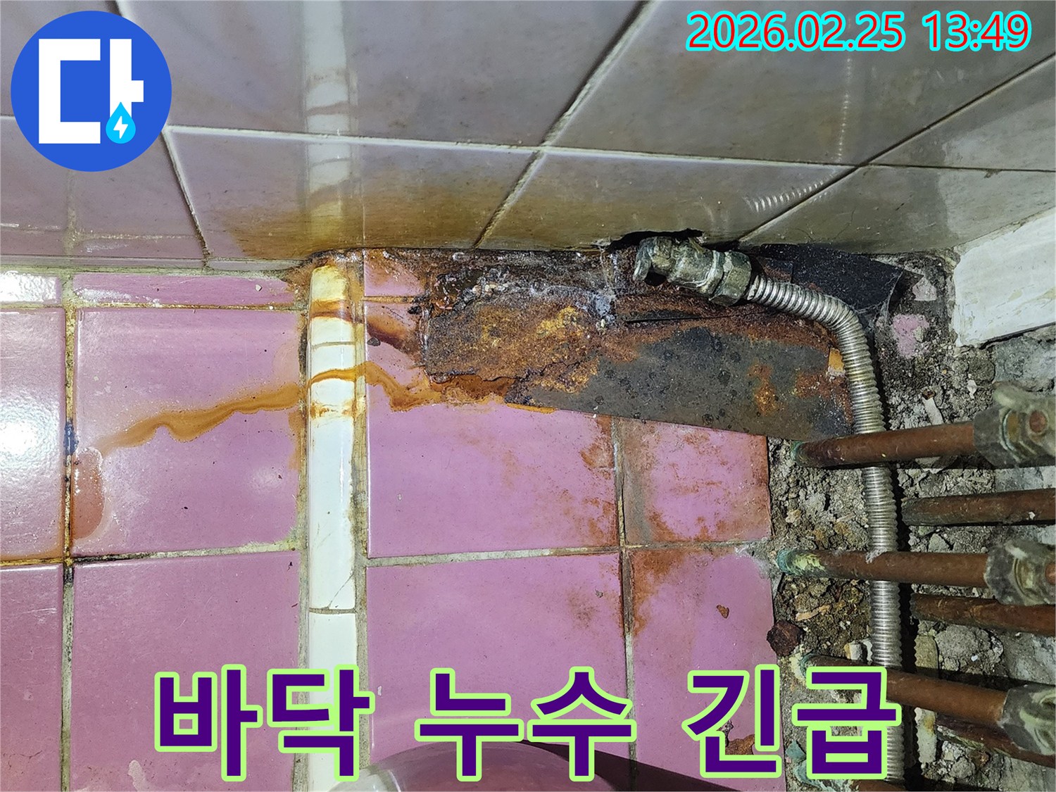 오래된 배관의 부식으로 인해-바닥에 녹물이 스며든 누수 현장으로-긴급 수리가 필요한 상황입니다