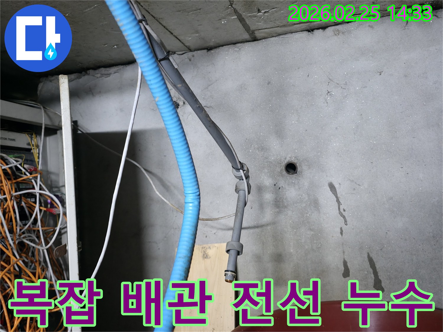 강동구-누수-현장에서-전문가가-복잡하게-얽힌-배관과-전선-주변의-물기-흔적을-살피며-안전-위험을-진단하는-모습입니다