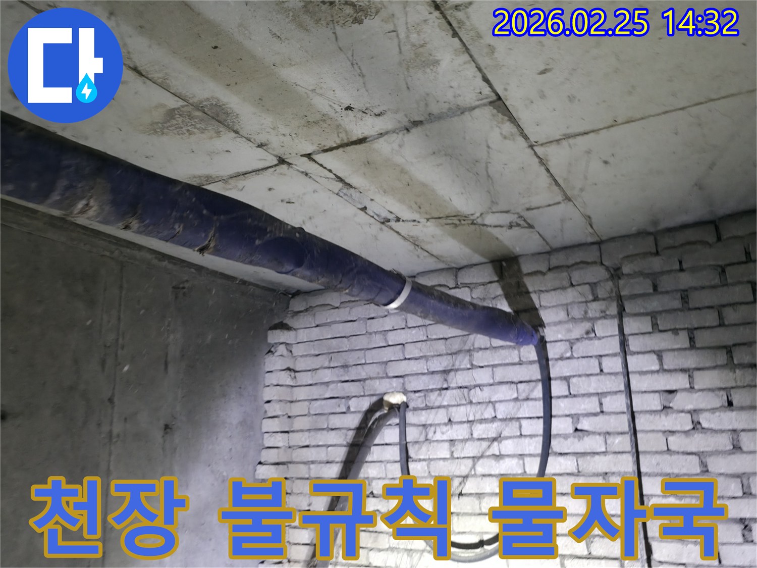 지하 천장의-불규칙한 물자국 패턴을-전문가가 면밀히 분석하여-누수 원인을 추정하는 모습