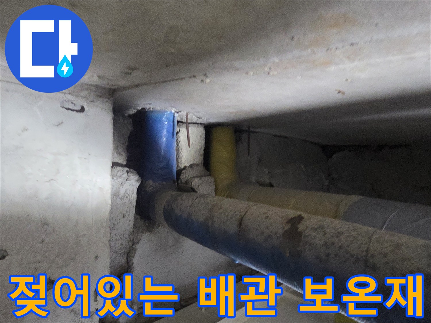 습기를 머금어 눅눅해진 파란색 배층 배관 부위