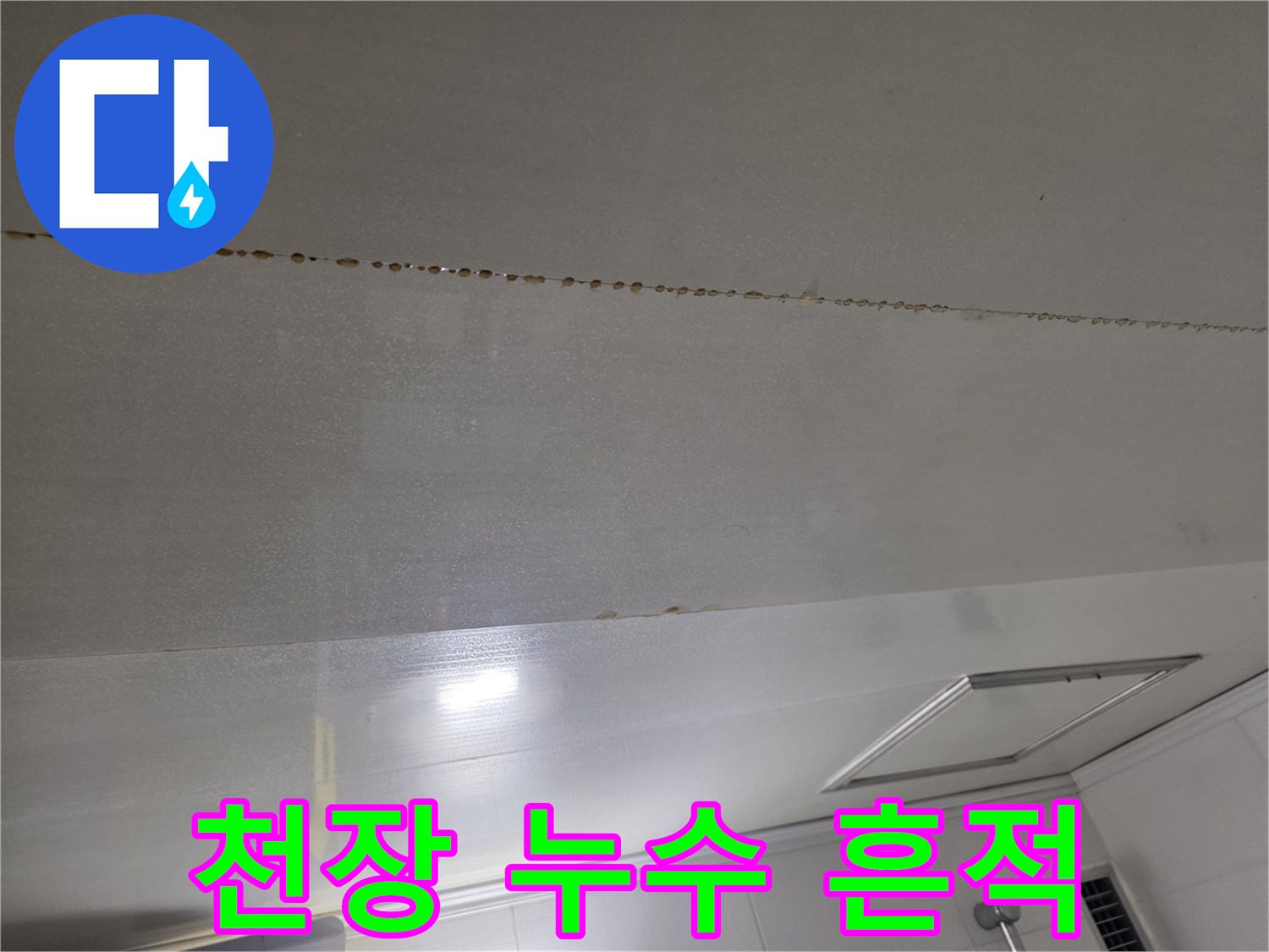 화장실 천장재-길게 이어진 누수 얼룩과 젖음 현상