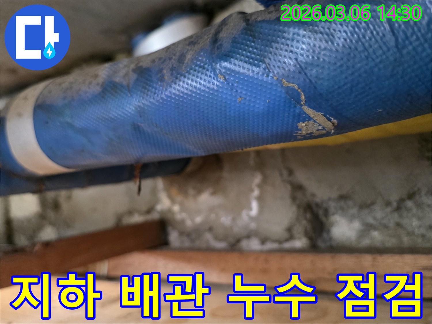 지하 공간의-파란색 배관과-습기 찬 콘크리트 벽면-그리고 나무 지지대를-꼼꼼히 점검하는 모습