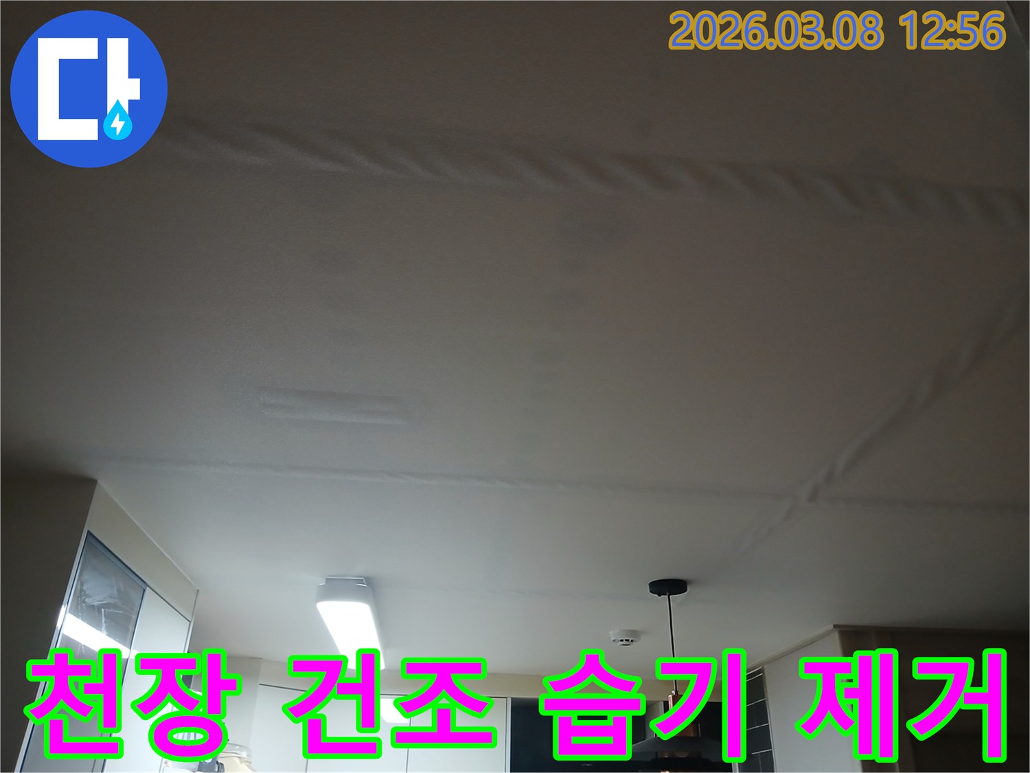 누수 수리 후-천장 내부의 습기를-완벽하게 제거하기 위한-전문 건조 작업 현장