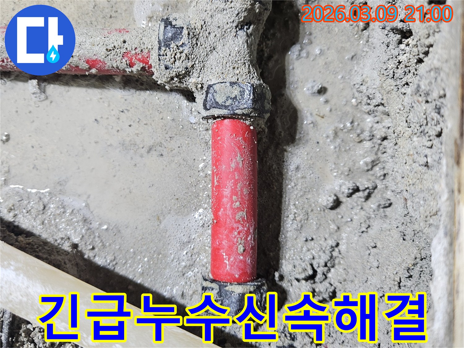 젖은 시멘트 바닥에-매립된 빨간색 배관의-누수 지점을-갑작스러운 상황에서-신속하게 방문하여-복구한 모습입니다