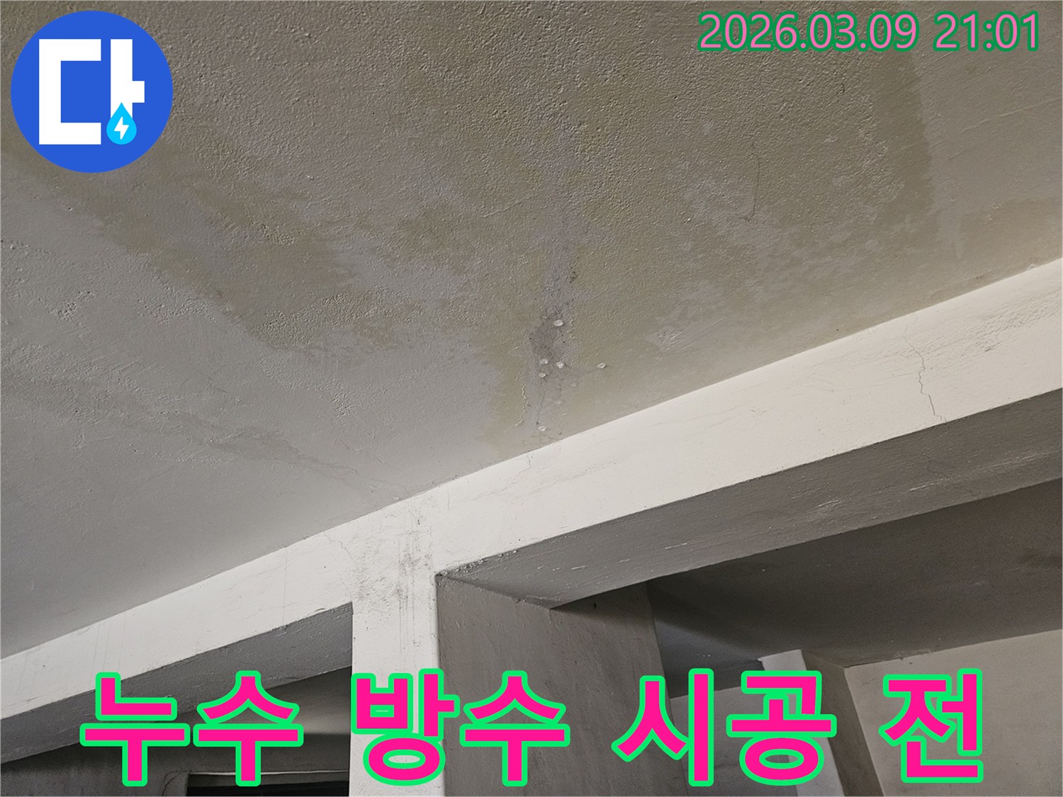 콘크리트 천장에서-물이 새어-얼룩지고-물방울이 맺힌-누수 현장을-방수 시공-전에-확인하는-모습입니다.