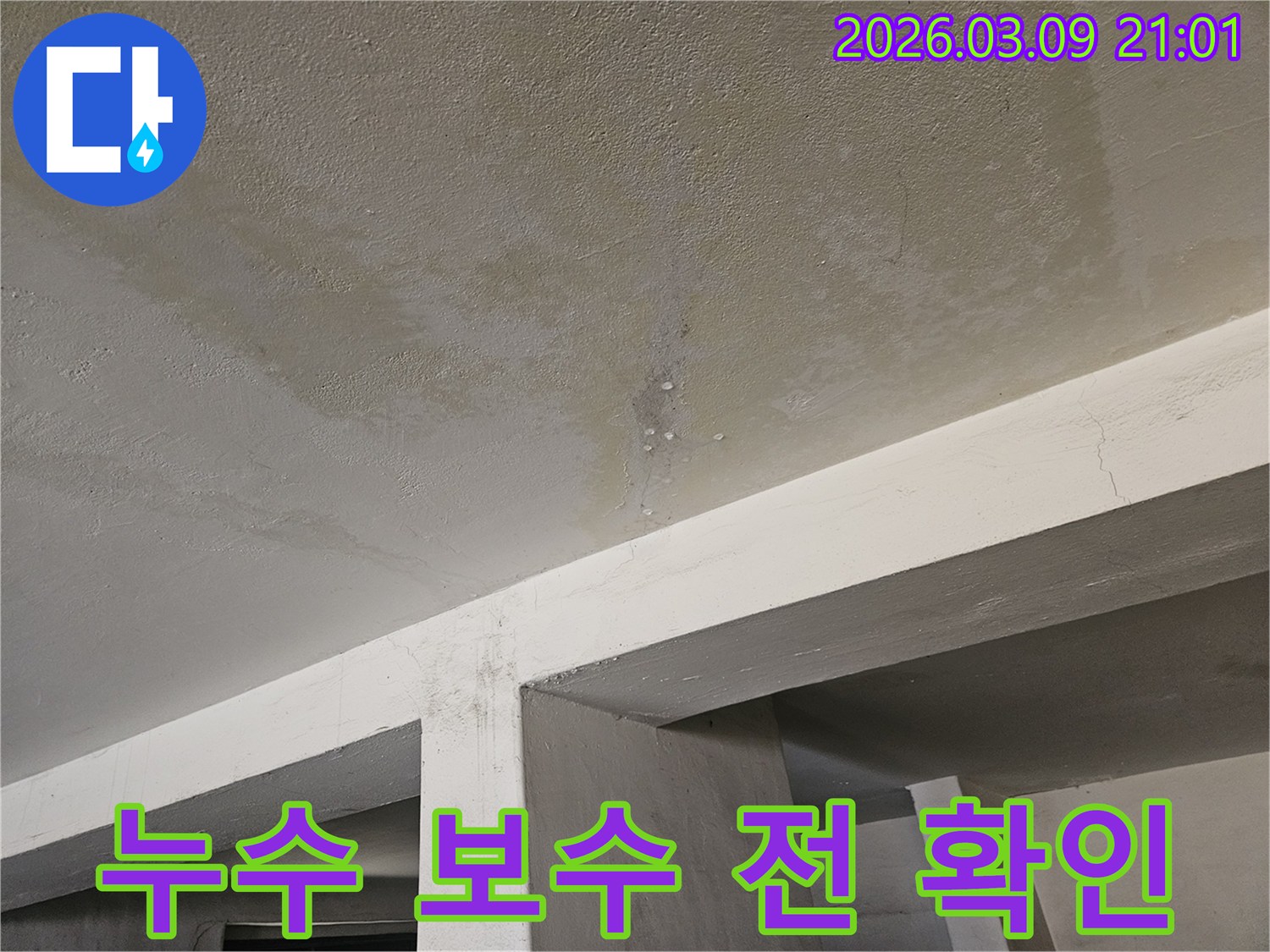 콘크리트 천장에서-물이 새어-얼룩지고-물방울이 맺힌-누수 현장을-보수하기-위해-확인하는-모습입니다.