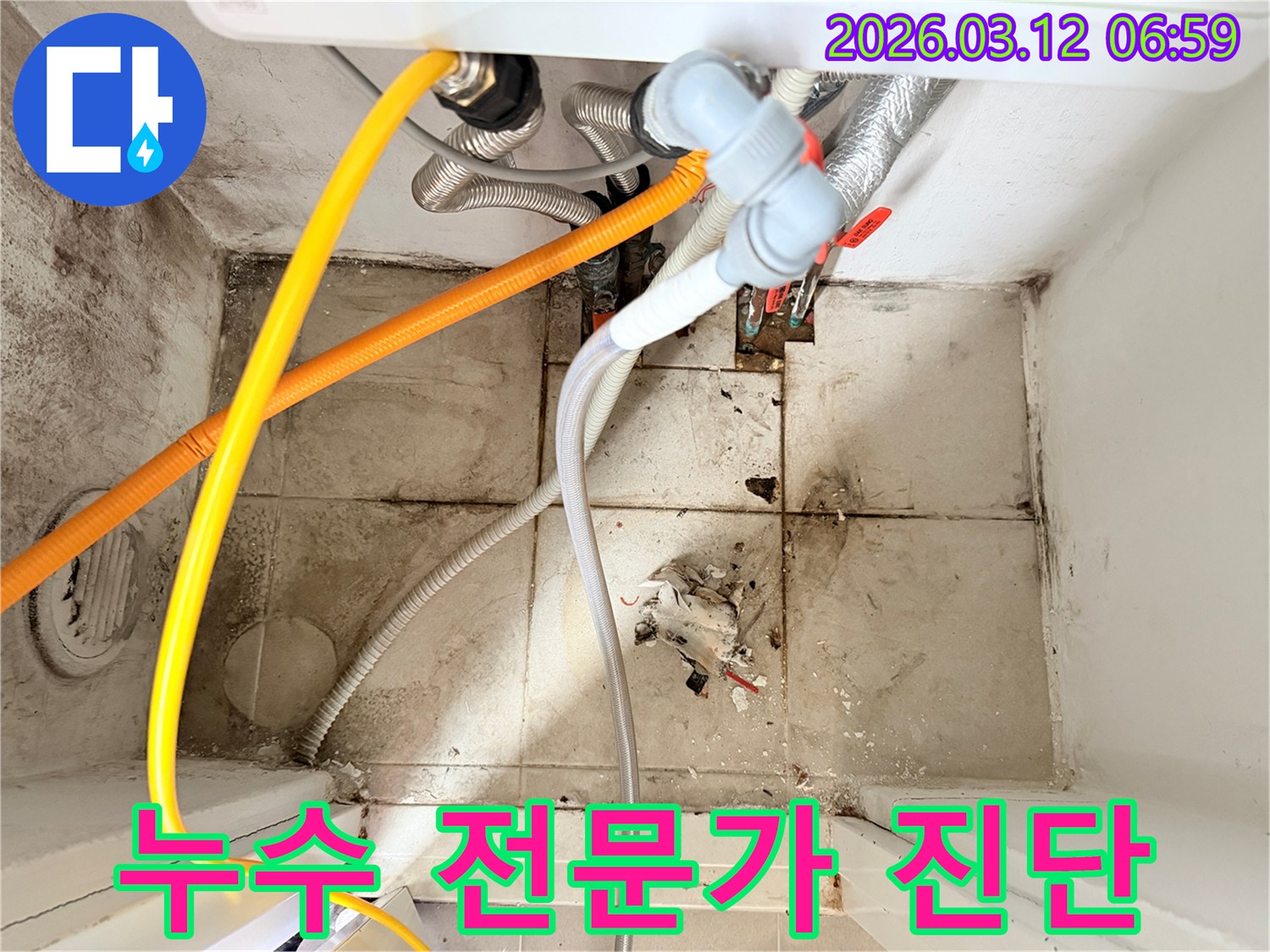 화장실 바닥의-오염된 타일과-벽면의 곰팡이-그리고 복잡한 배관들이-누수 문제를 시사하는-현장 사진입니다.