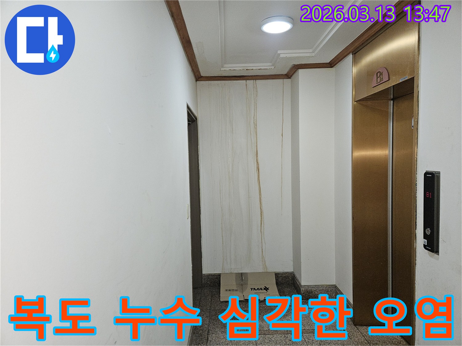 이 이미지는 아파트 복도 벽면에 물이 흘러내려-심각하게 오염된 모습을 담고 있습니다-천장 부근에서 시작된 누수 흔적이 뚜렷합니다