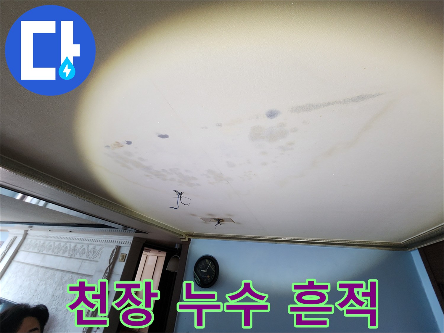 아랫집 천장 마감재에 나타난 물샘 및 습기 변색 부위