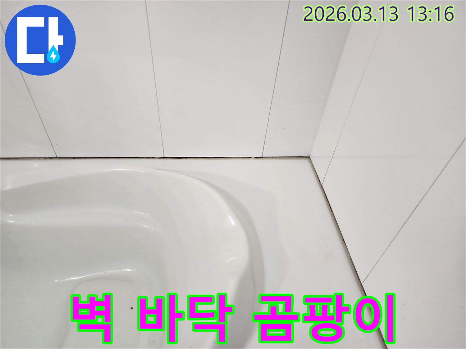 욕실 변기 주변-벽면 타일과-바닥 타일 경계에-발생한 검은 곰팡이와-오염을 보여주는 사진