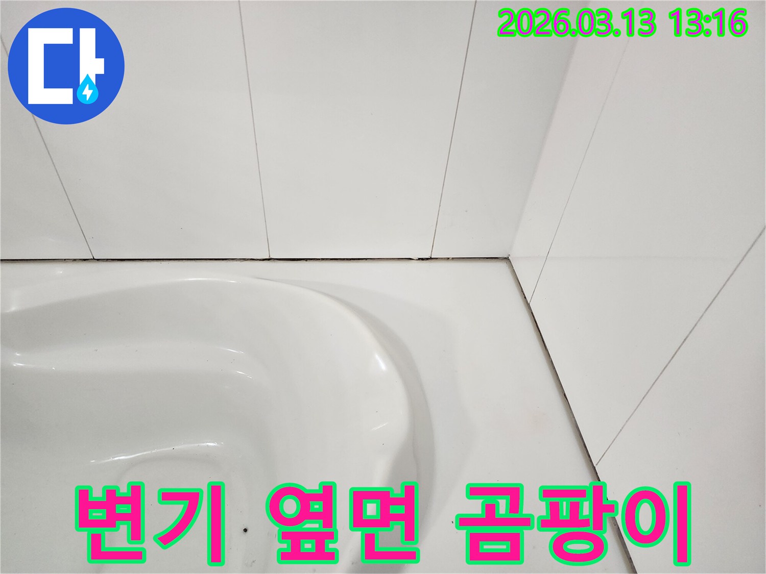 화장실 변기 옆면과-타일 경계에 발생한-검은 곰팡이와-오염을 보여주는 사진