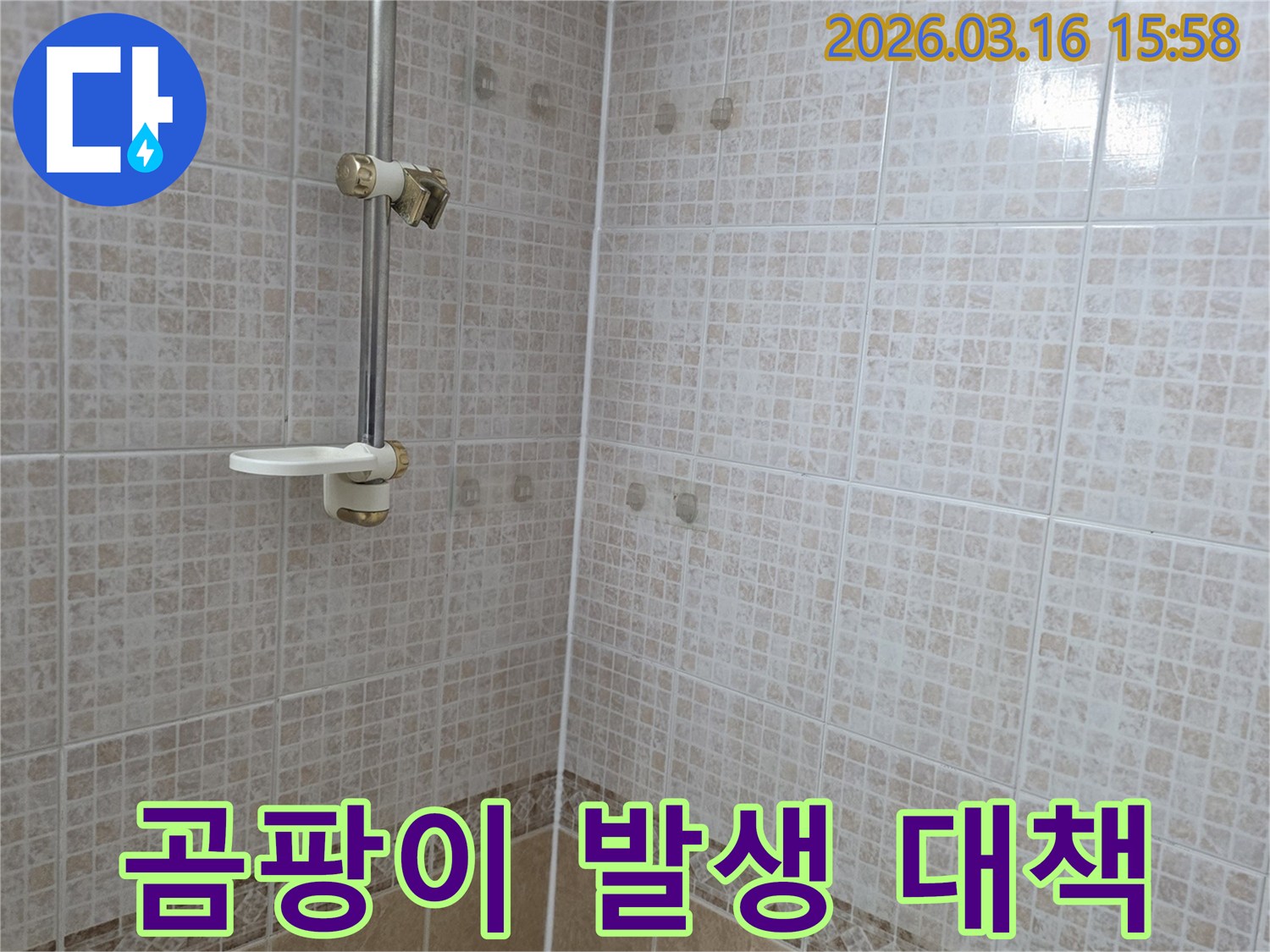 욕실 천장 타일에 물이 새어 생긴-얼룩과 곰팡이 발생 위험을-누수 전문가가 설명하고 대책을 제시하는 모습