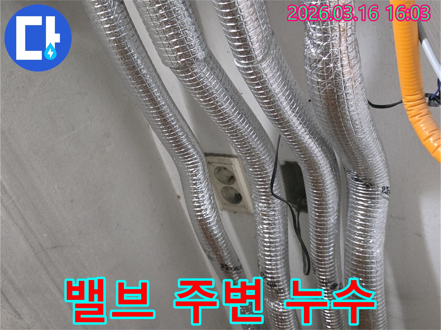 누수 전문 엔지니어가-천장 배관에 설치된-밸브와 연결 부위를-집중적으로 점검하며-누수 여부를 확인하는 모습입니다.