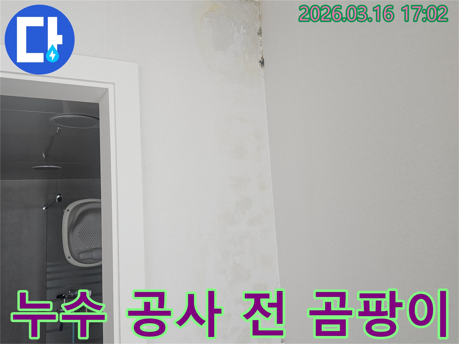 누수 공사 전-욕실 천장 모서리에 심하게 번진 곰팡이와 얼룩을 보여주는 현장 사진입니다