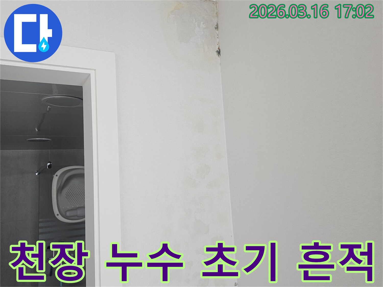 욕실 천장 모서리에서 발견된 누수 초기 흔적-작은 얼룩과 곰팡이 시작을 보여줍니다